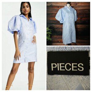 NWT Pieces Mini Dress 2XL XXL Puff Sleeve Kentucky Blue Leaf Print Button Front